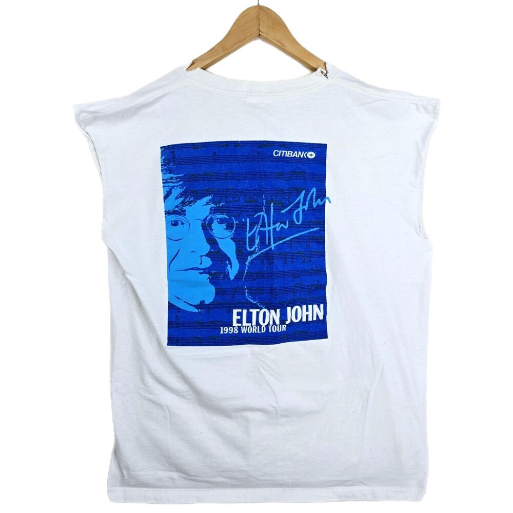 Vintage 90s Elton John White Shirt Sz XL 1998 World Tour Chopped Thrashed